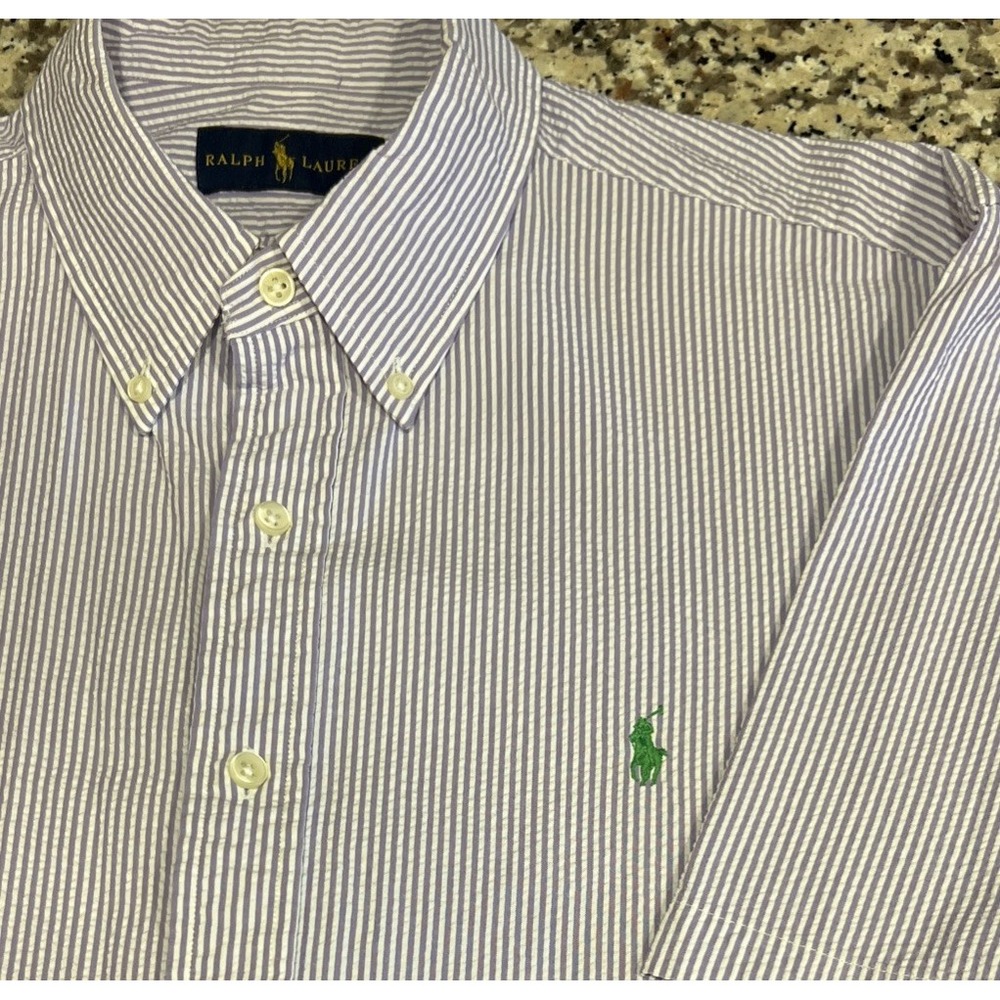 Ralph Lauren Seersucker Short Sleeve Shirt Button Down Purple White Size XL